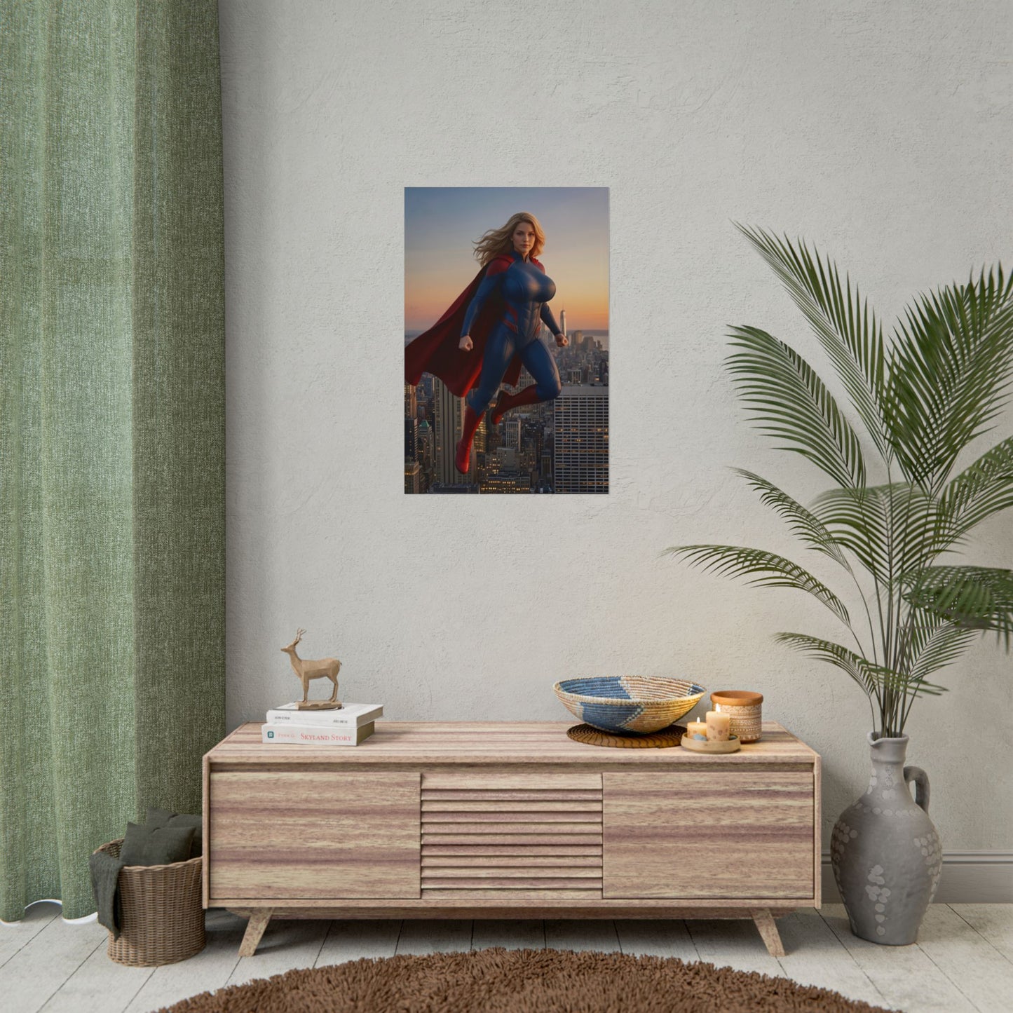 Supergirl Poster, DC Comics Art Print – Superhero Wall Art hung above media console in modern gamer room decor