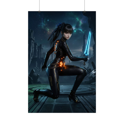EVE Poster, Stellar Blade Art Print, Legendary Android Warrior - sleek android warrior kneeling with glowing blue energy blade in sci-fi ruins, dramatic lighting
