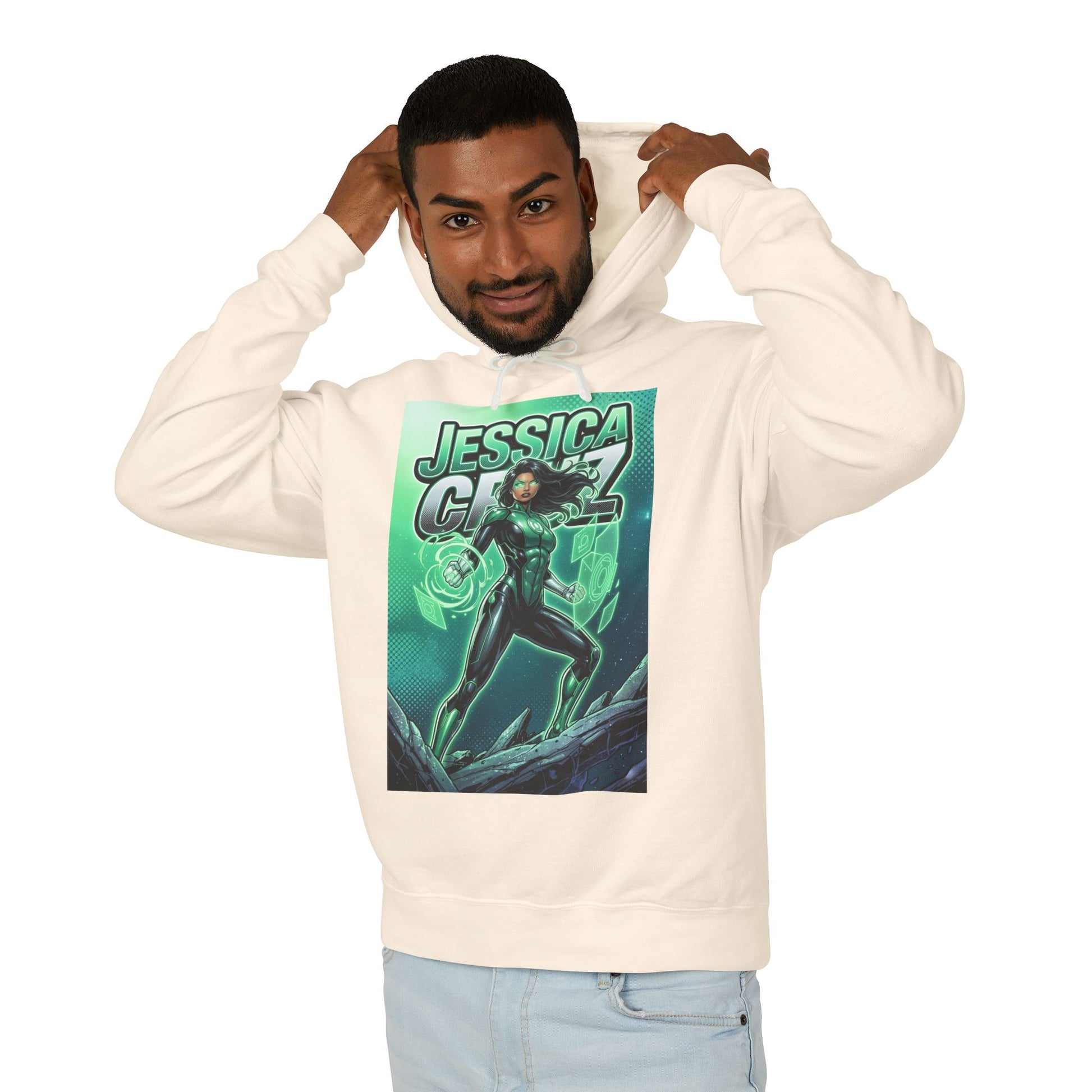 Jessica Cruz Hoodie | Green Lantern Hoodie | DC Superhero Pullover - cream pullover with glowing green Jessica Cruz graphic on male model