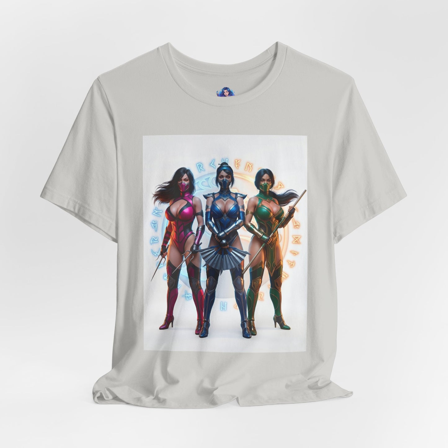 Kitana Jade and Mileena T-Shirt | Mortal Kombat Anime Tee for Gamers & Fans - anime-style illustration of Kitana, Jade, and Mileena trio on premium tee
