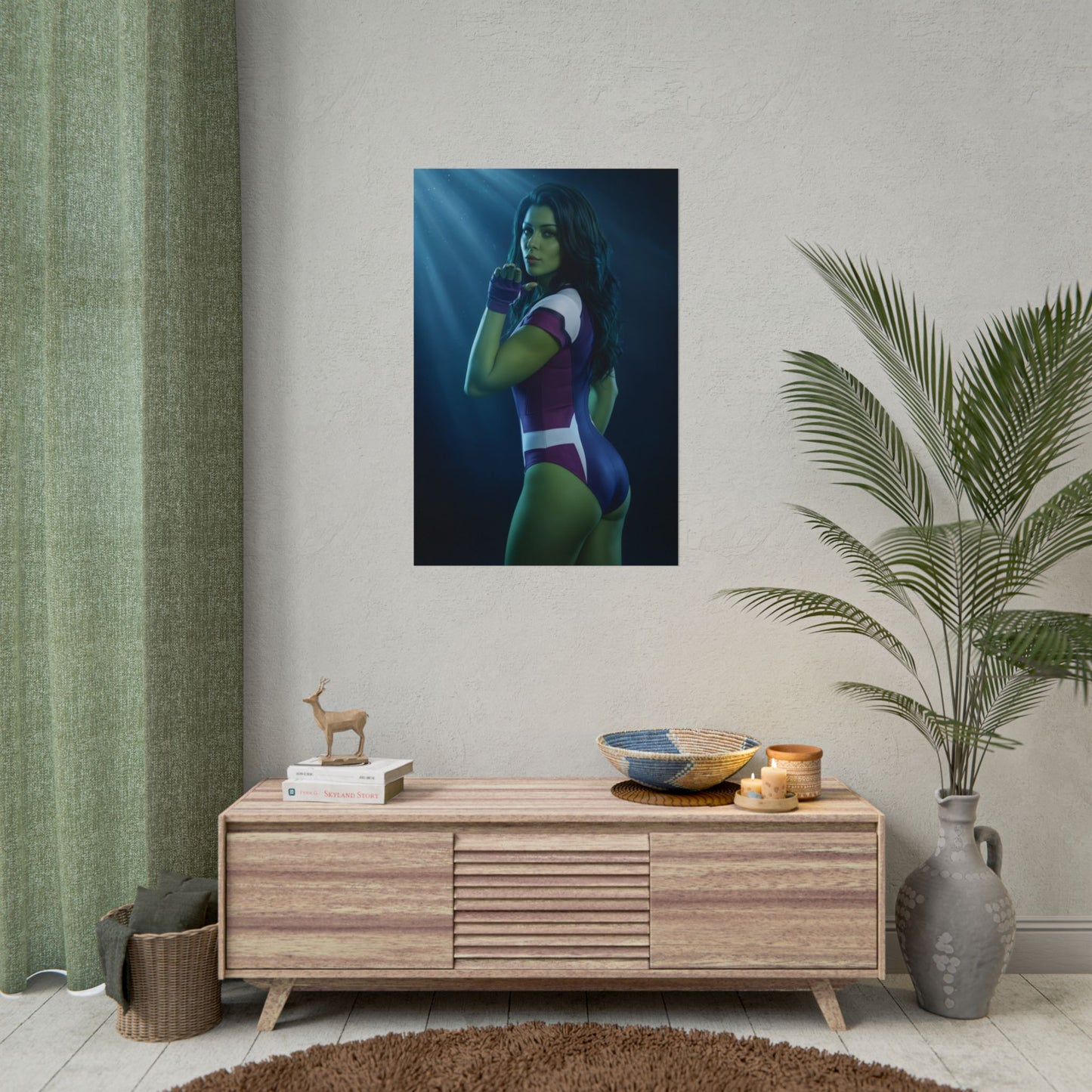 She-Hulk Marvel Poster – Iconic Superheroine Wall Art for Gamer Decor showing vibrant She-Hulk poster in a modern gaming room