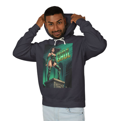 Talia al Ghul Hoodie | DC Villain Hoodie | League of Assassins Pullover modeled on man wearing dark pullover with Talia graphic
