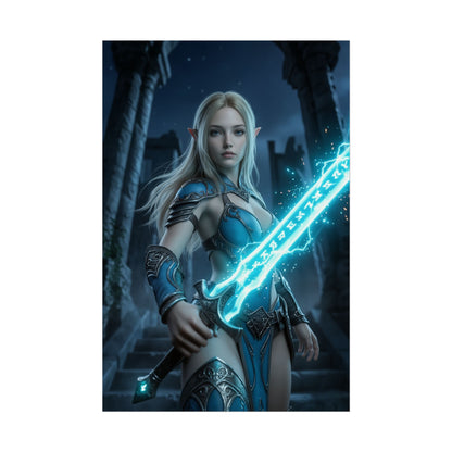 Princess Poster Fantasy  Wall Art Print Gaming Room Decor featuring elven heroine with glowing magical sword in ruined temple, cinematic blue lighting