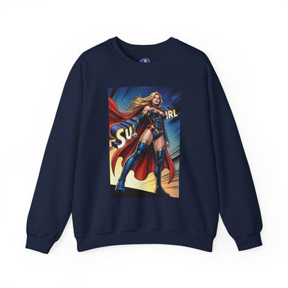 Supergirl Sweatshirt, DC Comics Crewneck, Iconic Superhero Fan Apparel – navy crewneck with bold comic Supergirl print, flowing hair and red cape