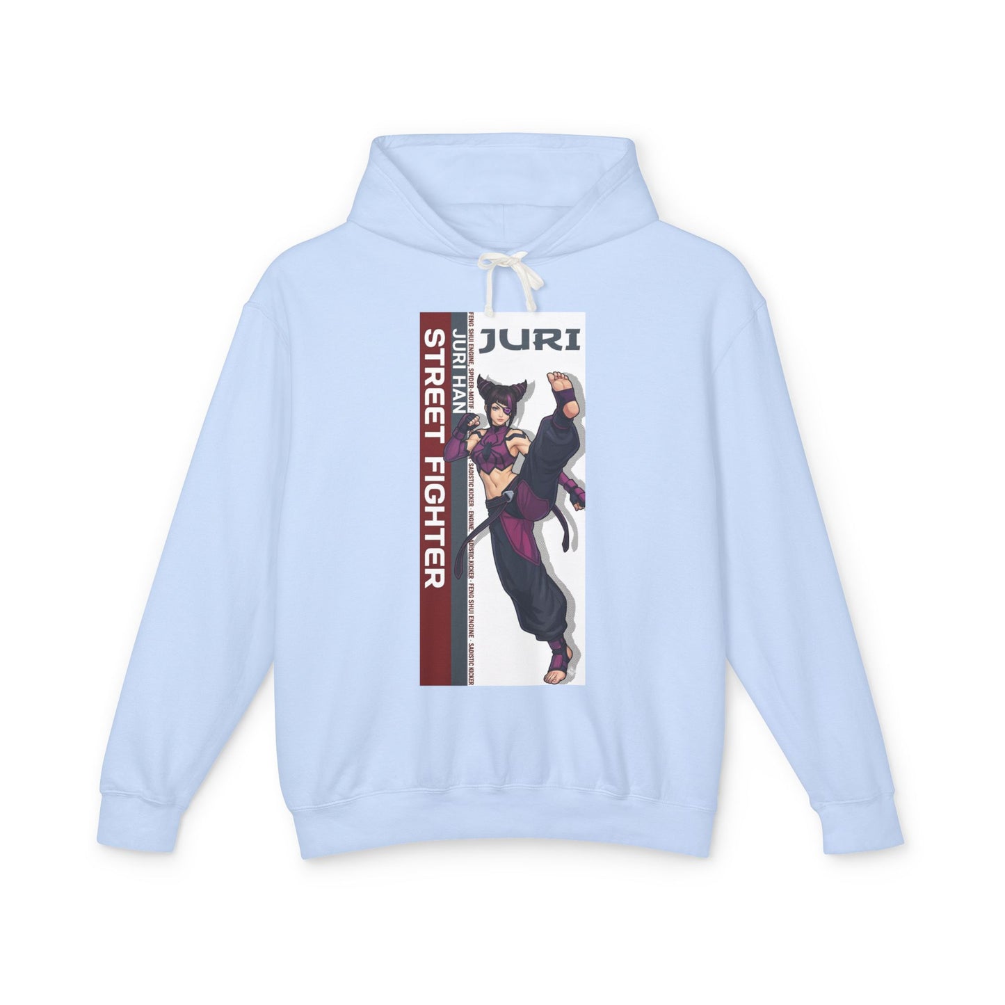 Juri Hoodie | Street Fighter Hoodie | Anime Fighter Girl Pullover - light blue pullover with bold Juri anime illustration