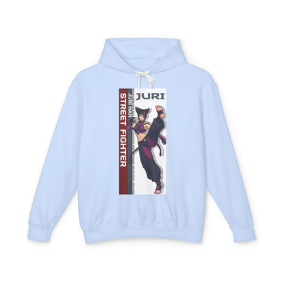 Juri Hoodie | Street Fighter Hoodie | Anime Fighter Girl Pullover - light blue pullover with bold Juri anime illustration