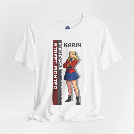 Karin Kanzuki T-Shirt | Street Fighter Anime Tee for Gamers & Fighting Game Fans featuring Karin illustration on white Bella Canvas tee