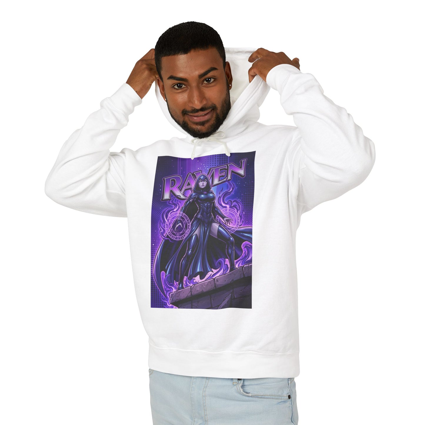 Raven Hoodie | DC Superhero Hoodie | Dark Magic Empress Pullover - white cotton pullover featuring Raven graphic, model adjusting hood