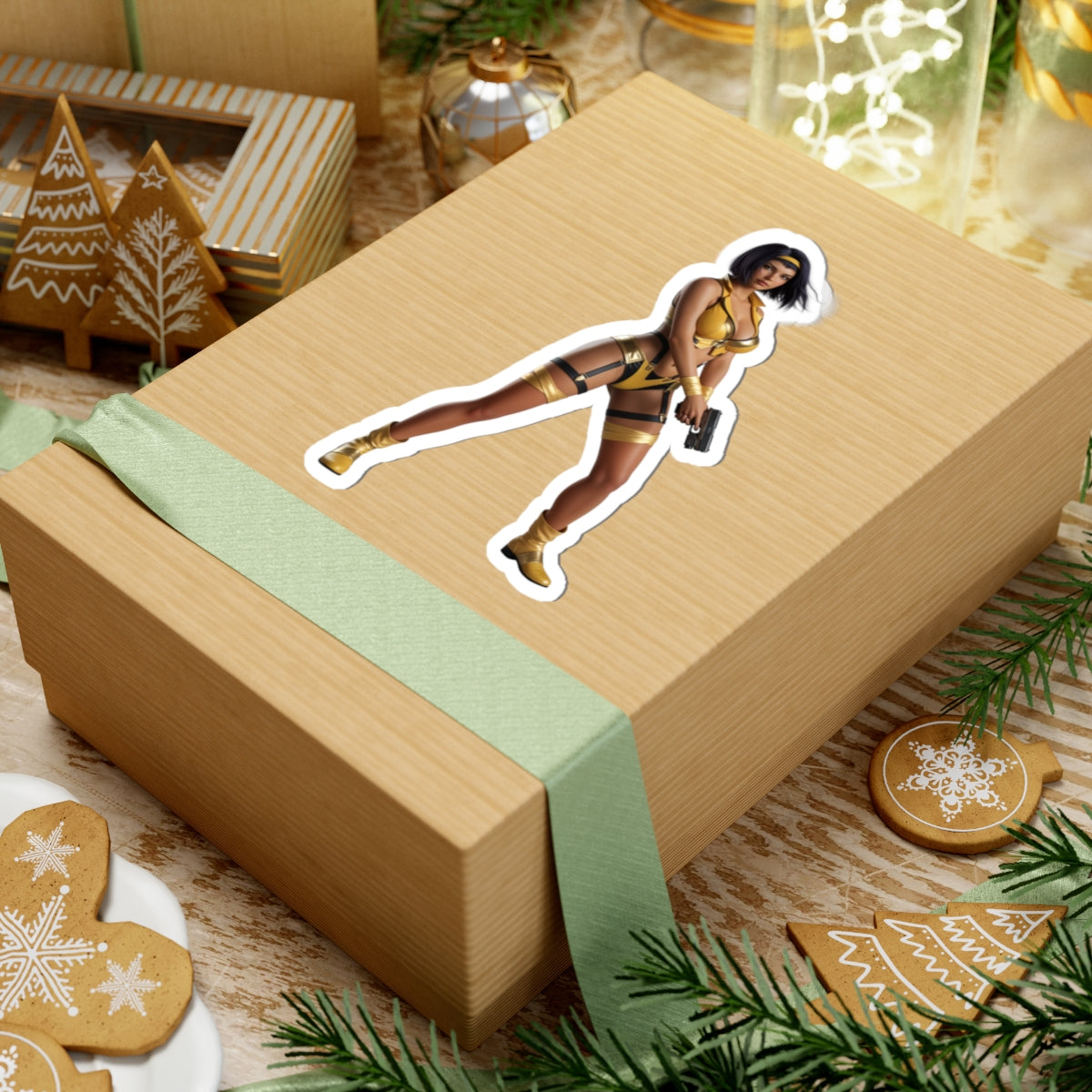 Faye Valentine Sticker – Anime Vinyl Sticker for Laptops & Indoor Decor on a gift box, glossy durable vinyl, vibrant colors and strong adhesive