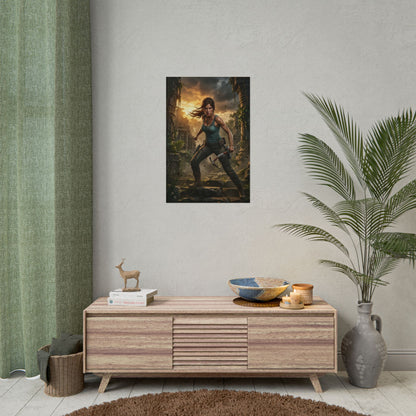 Lara Croft Poster Tomb Raider Wall Art Print Jungle Explorer Decor - cinematic close-up of Lara in jungle ruins, perfect for gaming and adventure fans