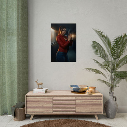 Claire Redfield Poster, Resident Evil Art Print – Iconic Survival Heroine on modern living room wall showing Claire in red jacket holding flashlight