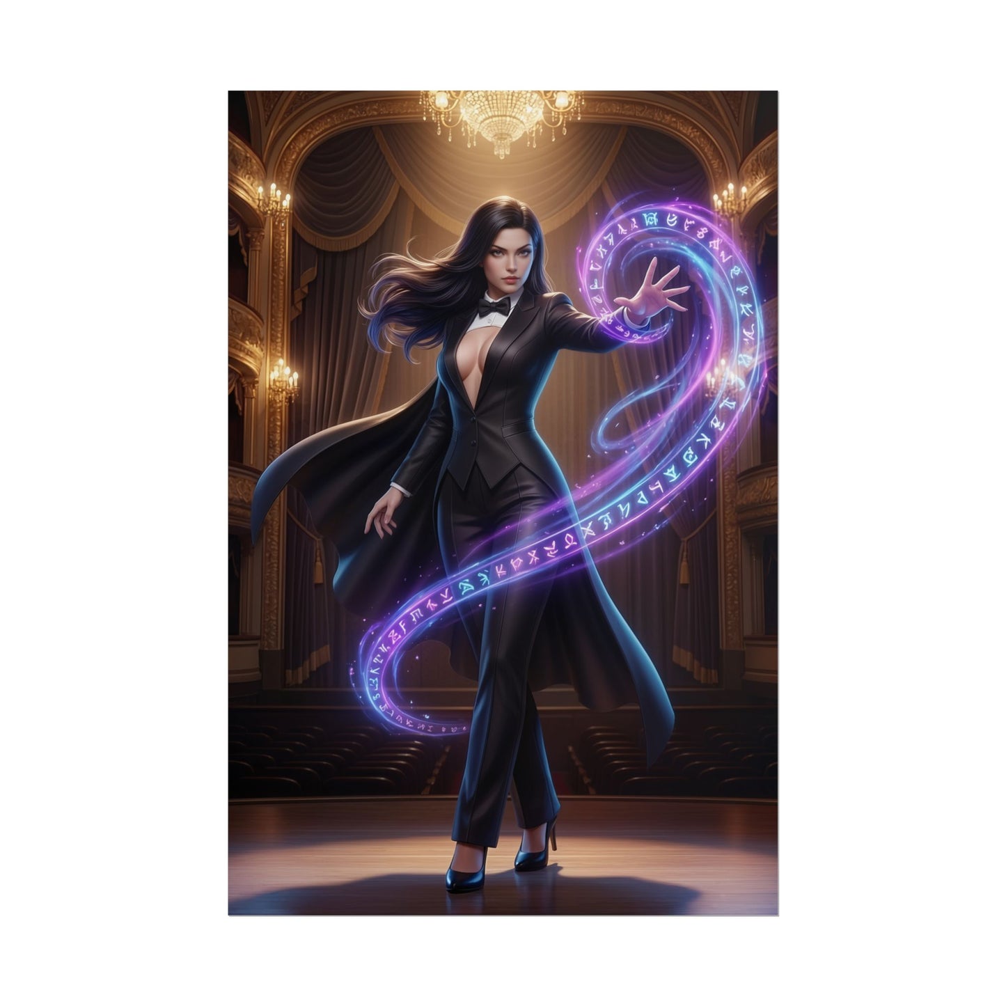 Zatanna Poster, DC Comics Art Print – Magical Heroine Wall Art featuring Zatanna casting glowing magical runes on a theater stage