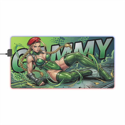 Cammy RGB Desk Mat, Fighting Game Gaming Mouse Pad, LED Desk Mat for Gamer Setup featuring bold green Cammy artwork reclining pose with RGB edge lighting