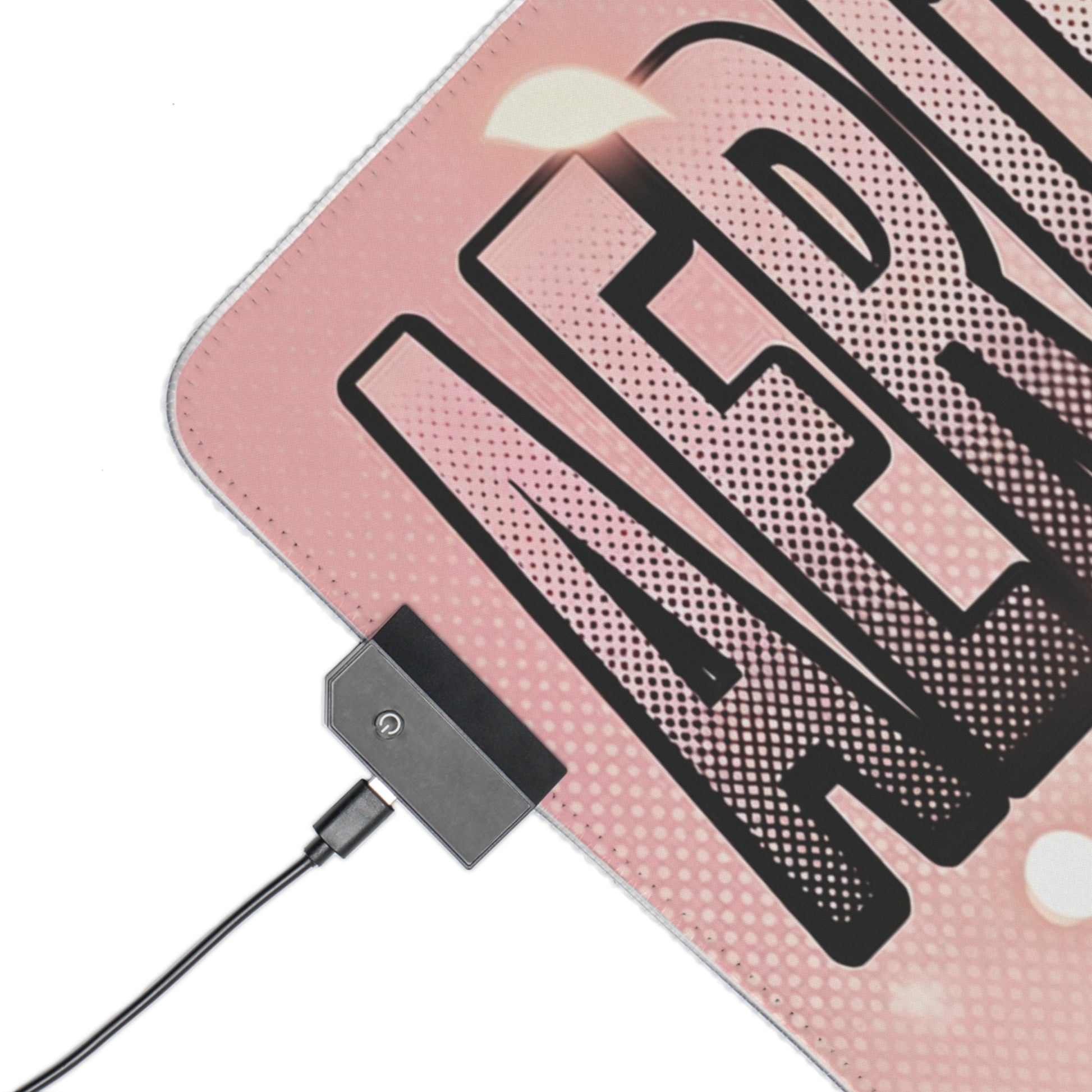 Aerith Gainsborough RGB Desk Mat, Final Fantasy Gaming Mouse Pad, LED Desk Mat showing pink corner, USB RGB controller and textured surface