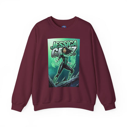 Jessica Cruz Sweatshirt, DC Comics Crewneck, Green Lantern Fan Apparel — maroon crewneck with glowing green Jessica Cruz comic art