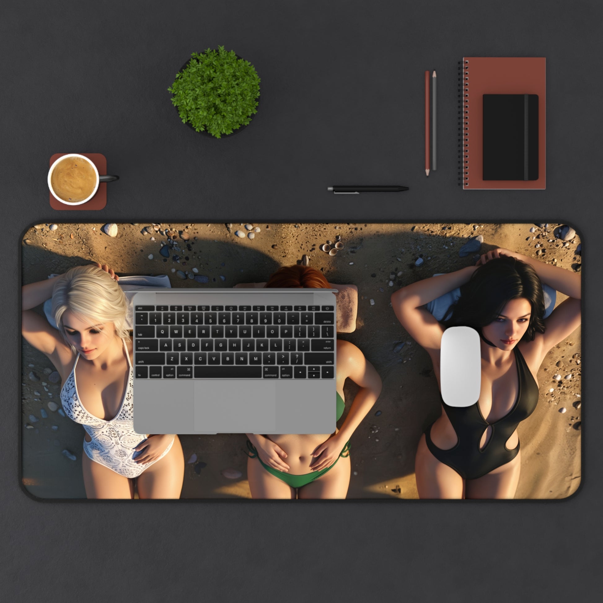 Ciri Triss Yennefer Gaming Mouse Pad, Witcher Desk Mat, Fantasy Heroine Setup -HD artwork of three heroines on beach desk mat