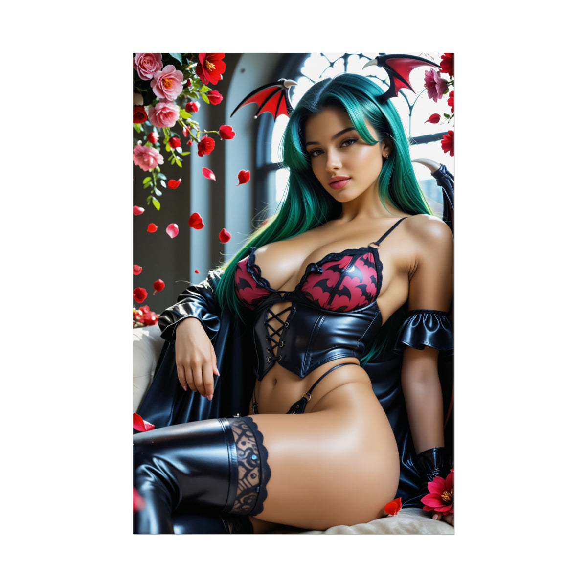 Morrigan Aensland Art Poster  Dark Fantasy Wall Art, Gift for Gamers: sultry gothic heroine print with green hair, bat wings, lingerie