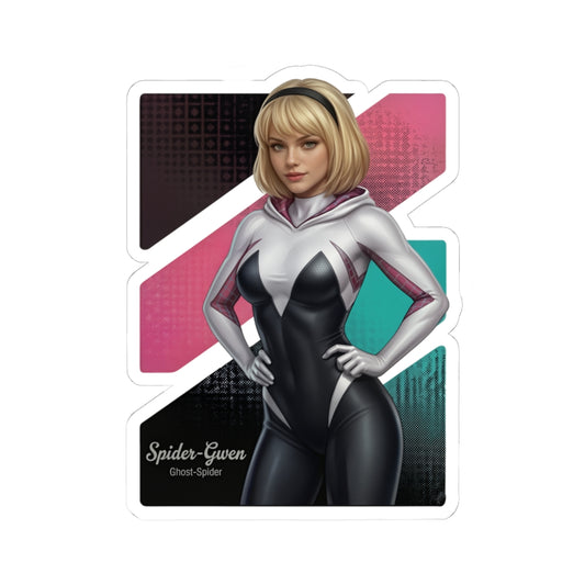 Spider-Gwen Sticker – Superhero Vinyl Sticker for Laptops & Indoor Decor: glossy vinyl Spider-Gwen character sticker with blonde hair and white black suit