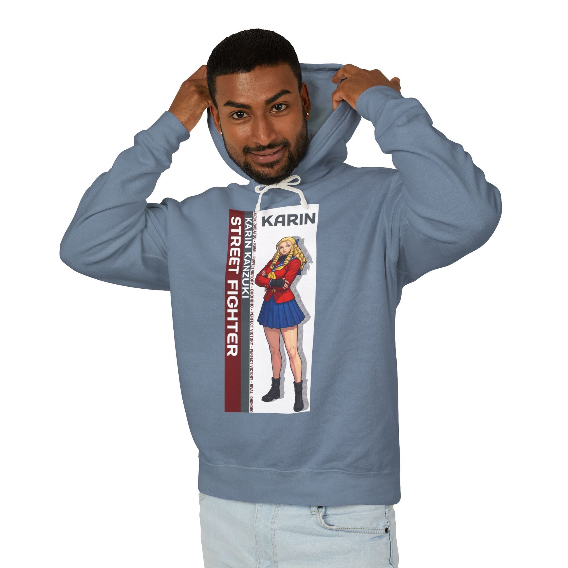 Karin Hoodie | Street Fighter Hoodie | Anime Elegant Fighter Pullover - model wearing blue pullover with Karin anime illustration