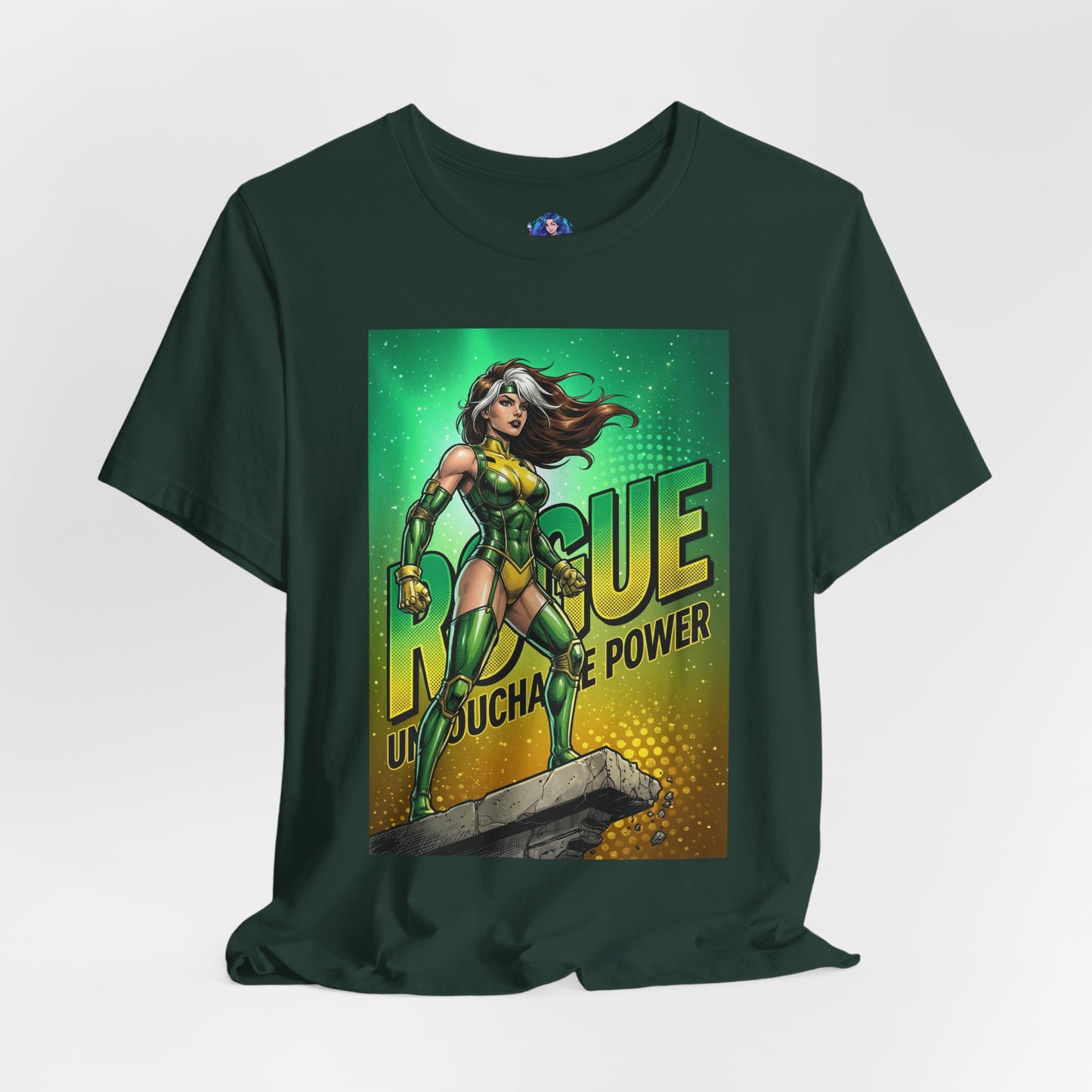 Rogue T-Shirt | Marvel X-Men Anime Tee for Gamers & Fans — anime-style Rogue in green-yellow suit on Bella Canvas tee