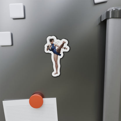 Chun-Li Magnet – Street Fighter Character Fridge Magnet, Anime Game Decor - die-cut vinyl fridge magnet showing Chun-Li in blue outfit kicking