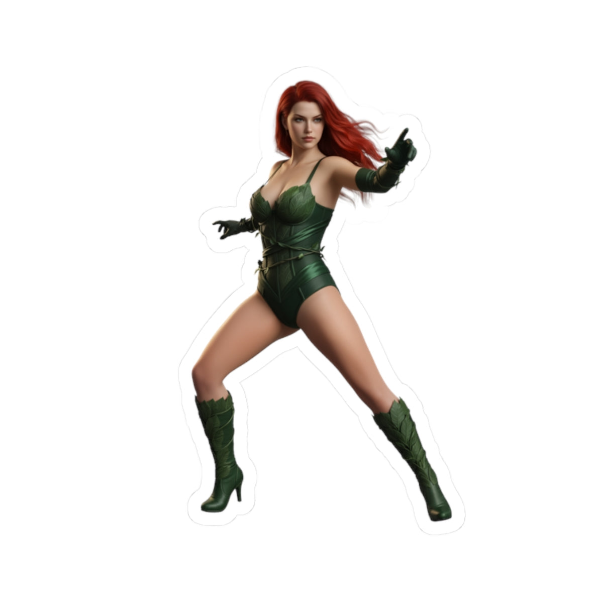 Poison Eve Sticker – Sci-Fi Game Vinyl Sticker for Laptops & Indoor Decor: glossy vinyl sticker of red‑haired sci‑fi character in green outfit posing for laptops & decor