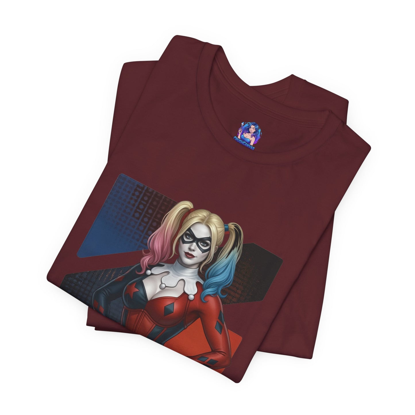 Harley Quinn T-Shirt | DC Comics Anime Tee for Gamers & Comic Fans - maroon Bella Canvas tee with anime-style Harley Quinn illustration