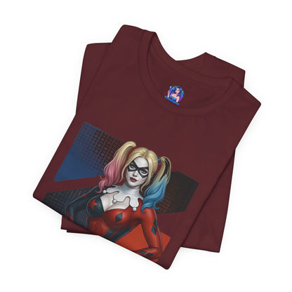 Harley Quinn T-Shirt | DC Comics Anime Tee for Gamers & Comic Fans - maroon Bella Canvas tee with anime-style Harley Quinn illustration