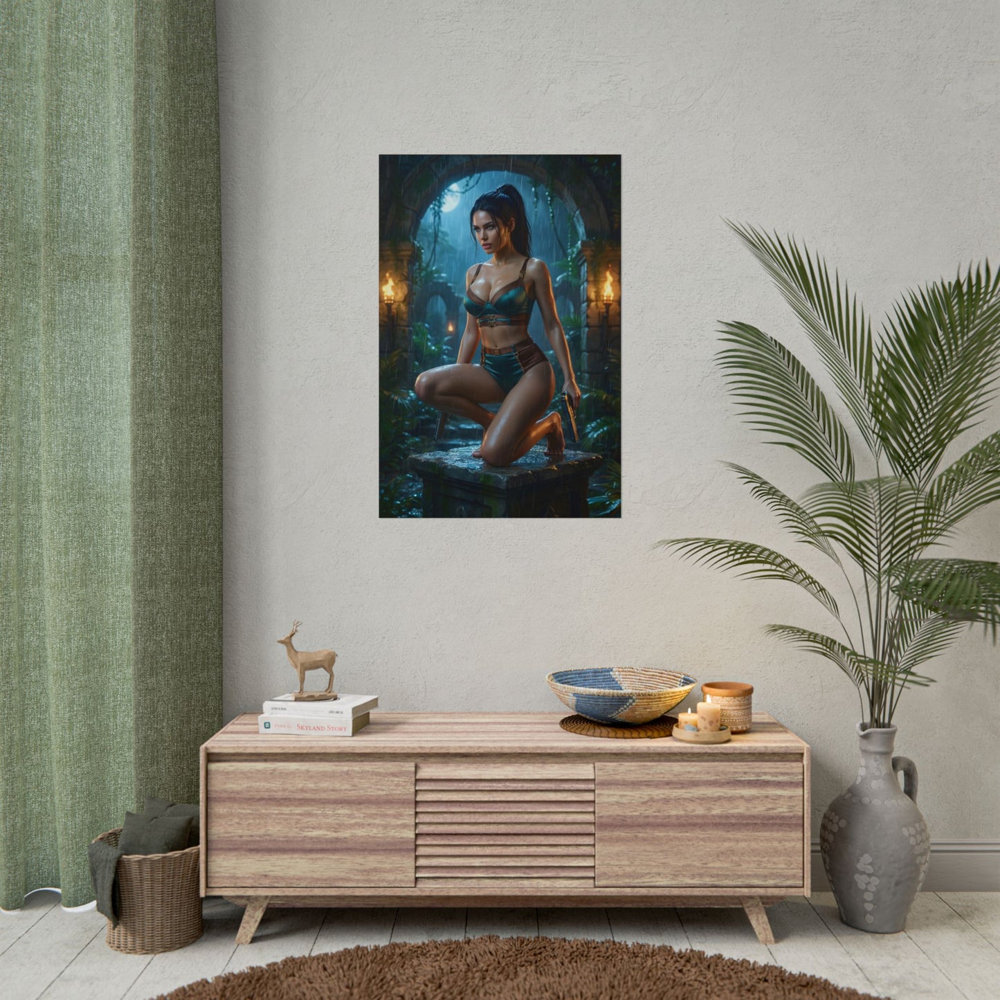 Lara Croft Poster / Lara Croft Wall Art / Lara Croft Art Print / Tomb Raider Poster - rain‑soaked jungle temple scene with Lara Croft by firelight
