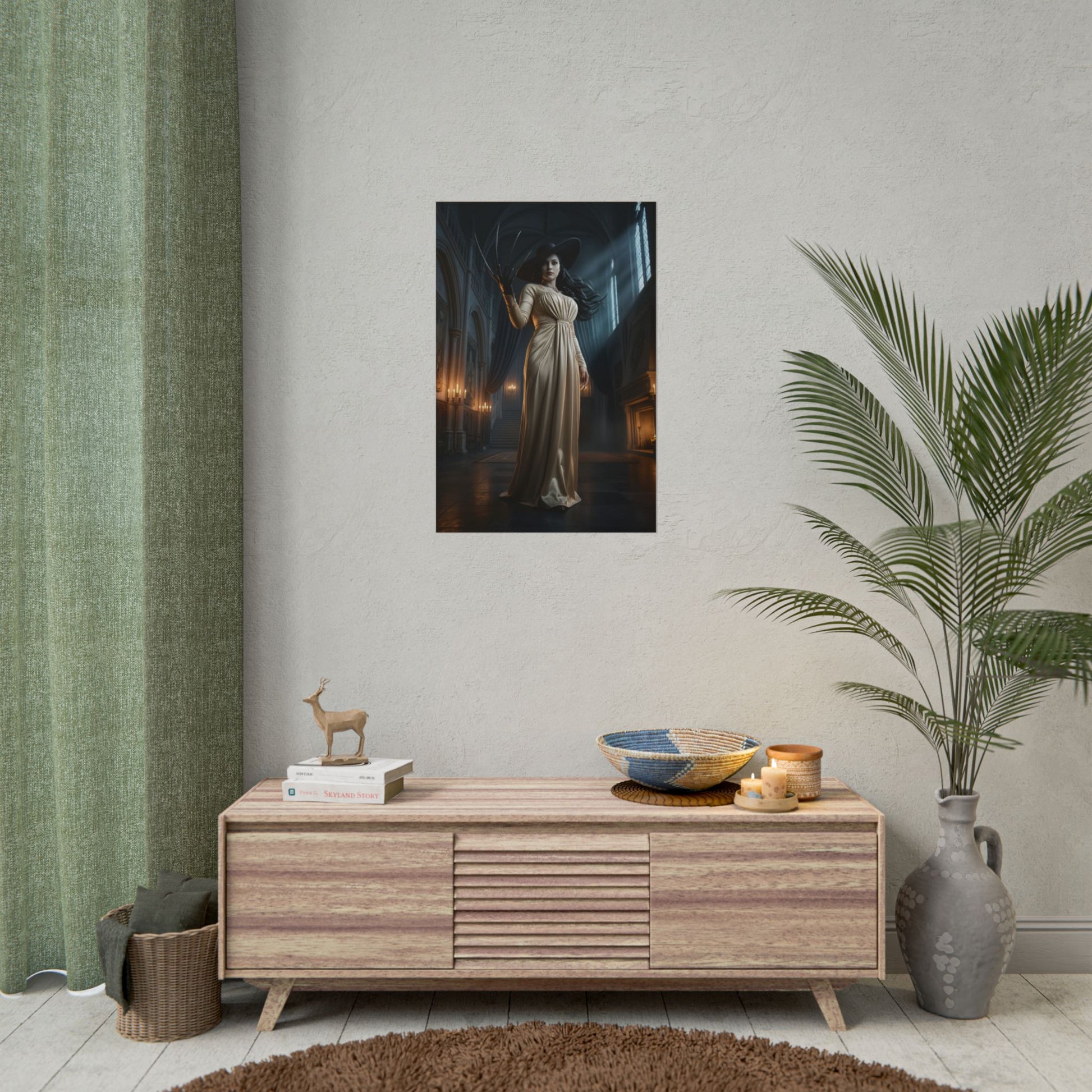 Lady Dimitrescu Poster Resident Evil Wall Art Print Gothic Castle Decor full-body cinematic vampire noblewoman in grand castle hall