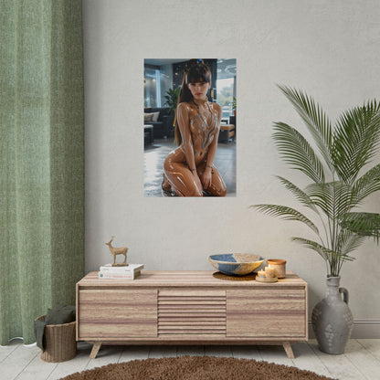 EVE Stellar Blade Art Print – Iconic Sci-Fi Heroine Poster for Gamer Setup hung in modern gaming room with plant and console table