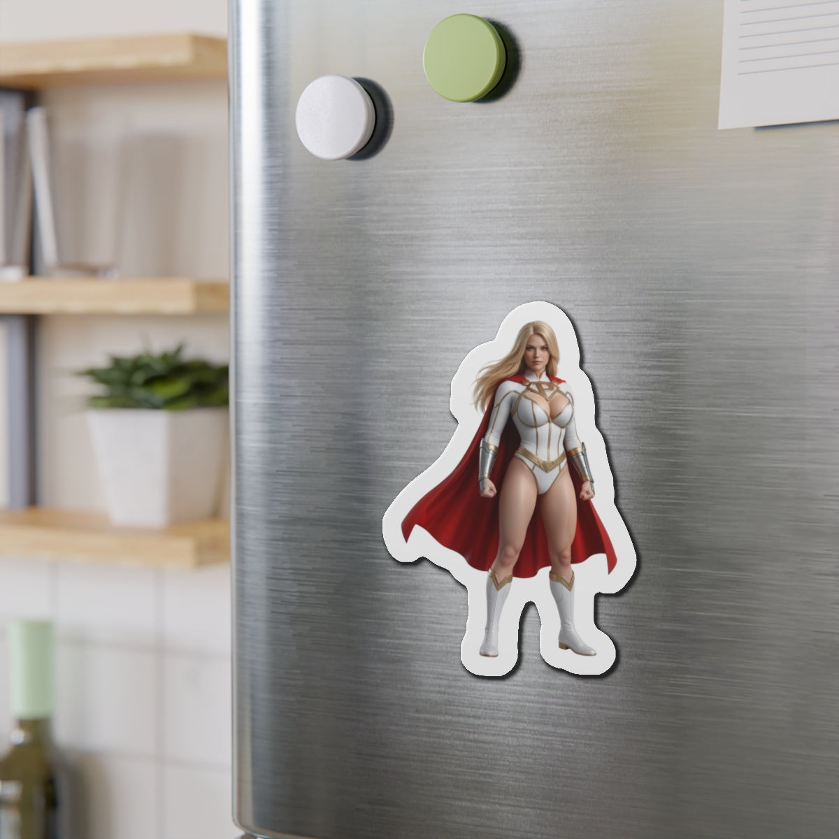 Power Girl Magnet – DC Comic Heroine Fridge Magnet, Anime Style Decor on stainless fridge showing die-cut vinyl magnet of Power Girl in anime style