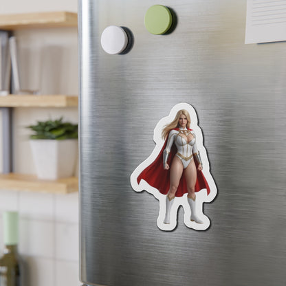 Power Girl Magnet – DC Comic Heroine Fridge Magnet, Anime Style Decor on stainless fridge showing die-cut vinyl magnet of Power Girl in anime style