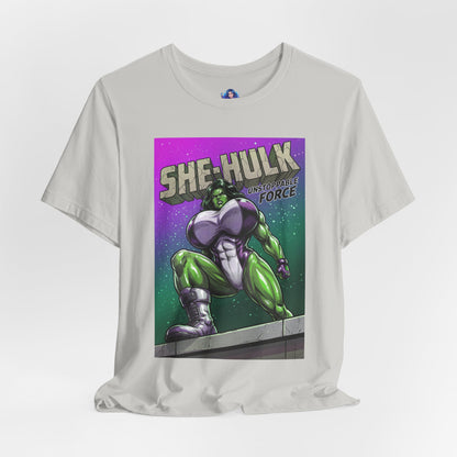 She-Hulk T-Shirt | Marvel Comic Heroine Anime Tee showing comic-style She-Hulk pose on Bella Canvas 3001 white tee