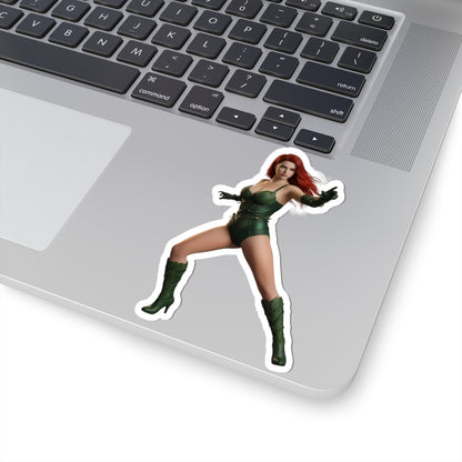Poison Eve Sticker – Sci-Fi Game Vinyl Sticker for Laptops & Indoor Decor showing glossy die-cut vinyl of red-haired sci-fi character on laptop