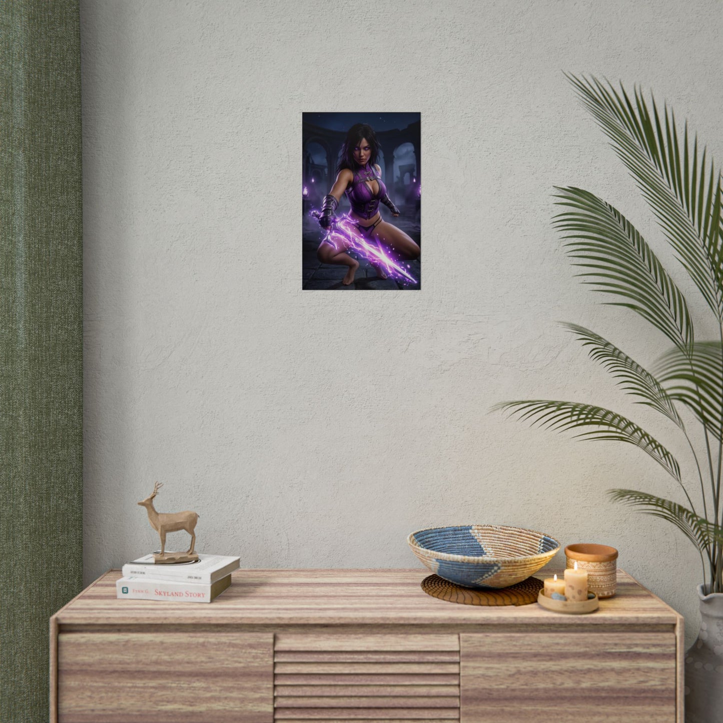 Mileena Poster Mortal Kombat Wall Art Print Dark Fantasy Decor - cinematic close combat pose with purple energy weapon in shadowy arena