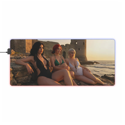 Ciri, Triss Merigold & Yennefer Desk Mat – LED RGB Pad featuring Ciri Triss and Yennefer in swimsuits at sunset on a RGB-lit gaming desk mat