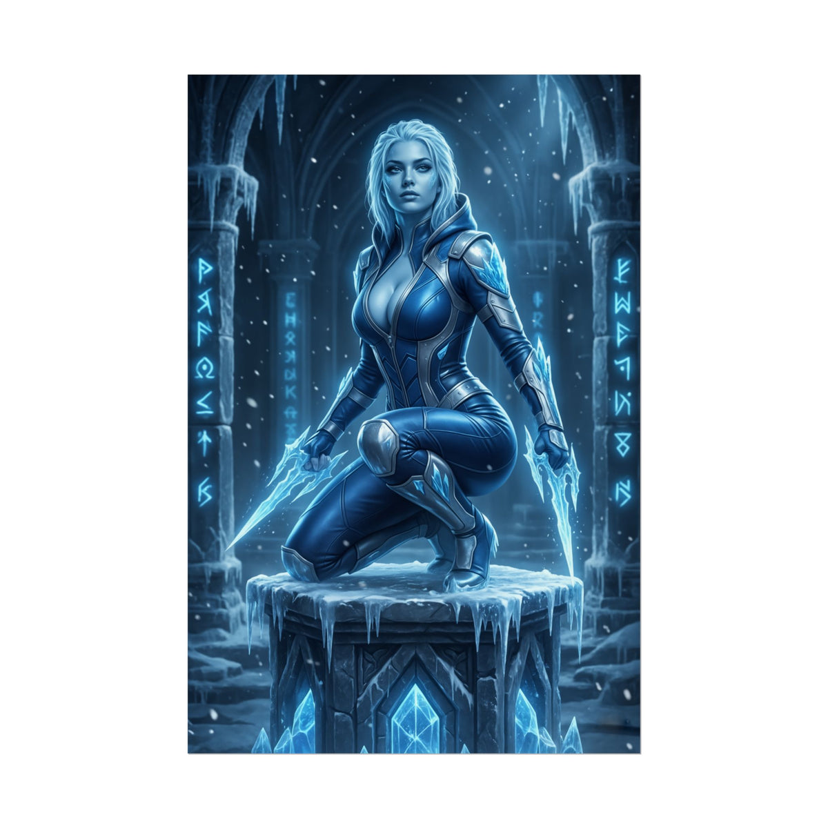 Frost Mortal Kombat Poster  Ice Warrior Heroine Wall Art for Gamer Decor featuring blue-clad heroine with ice daggers on frozen pedestal