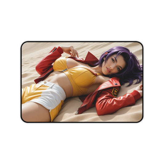 Faye Valentine Desk Mat, Cowboy Bebop Mouse Pad, Anime Girl Gamer Desk Decor — high-def print of Faye reclining, smooth glide surface, stitched edges