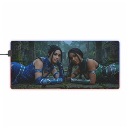 Kitana and Jade Desk Mat – LED RGB Pad, Waifu Fighter Setup showcasing two heroines in blue and green warrior outfits on a smooth precision-cloth RGB desk mat