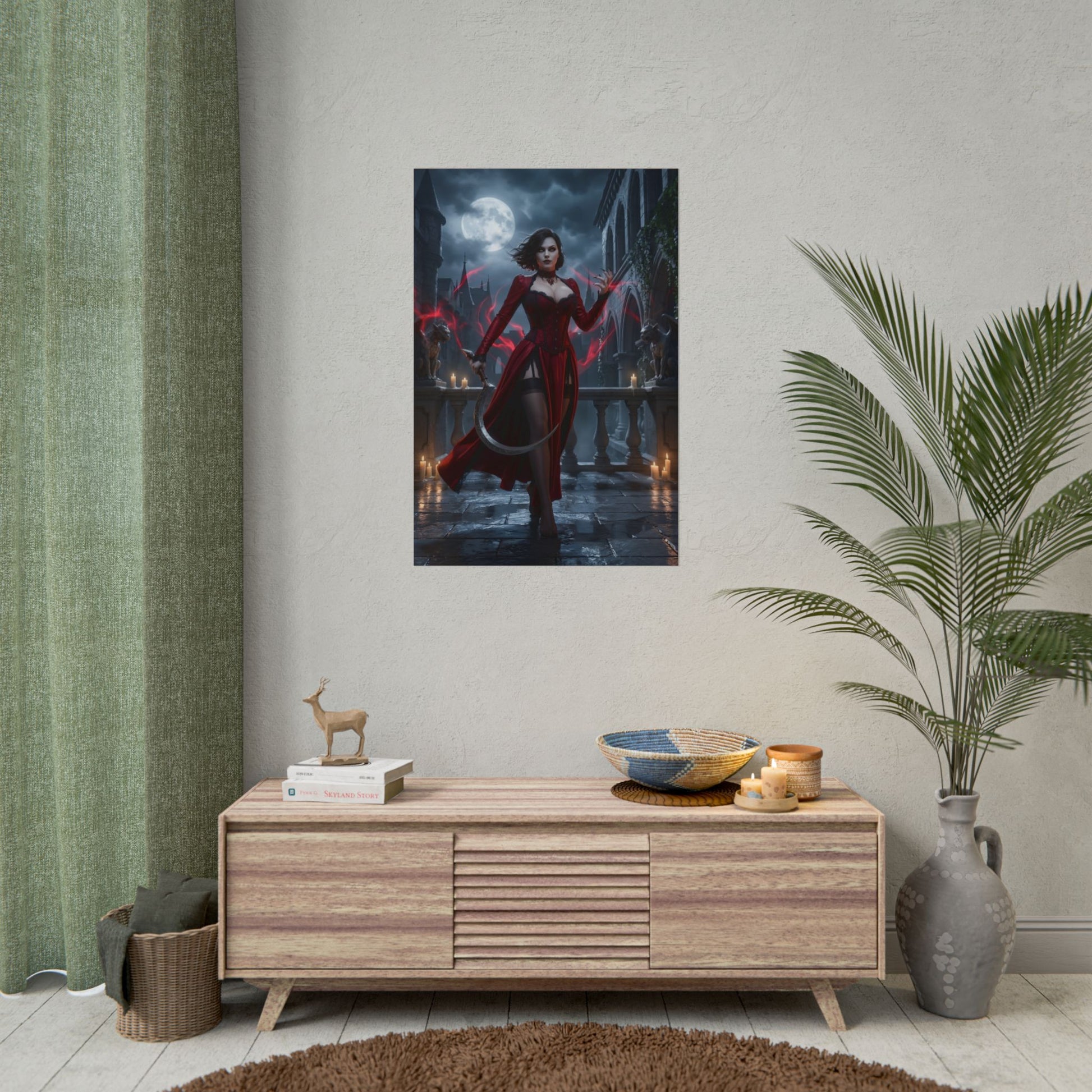 Lady Dimitrescu Poster / Lady Dimitrescu Wall Art / Lady Dimitrescu Art Print / Resident Evil Poster - gothic moonlit courtyard portrait emphasizing dominance and crimson tones