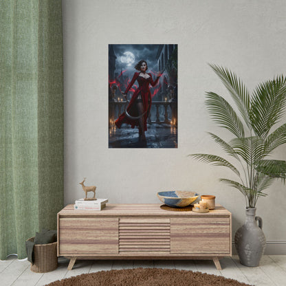 Lady Dimitrescu Poster / Lady Dimitrescu Wall Art / Lady Dimitrescu Art Print / Resident Evil Poster - gothic moonlit courtyard portrait emphasizing dominance and crimson tones