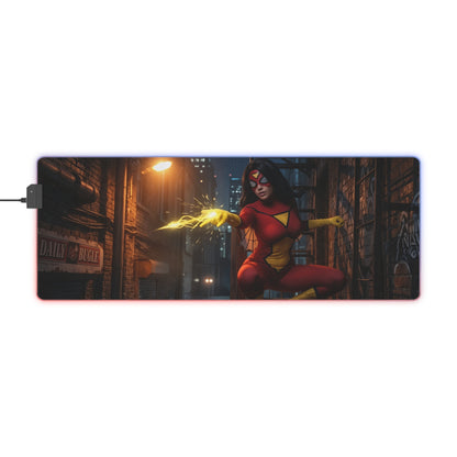 Spider-Woman Desk Mat – LED RGB Pad, Waifu Hero Anime Girl Setup - dynamic waifu hero on illuminated gaming desk mat