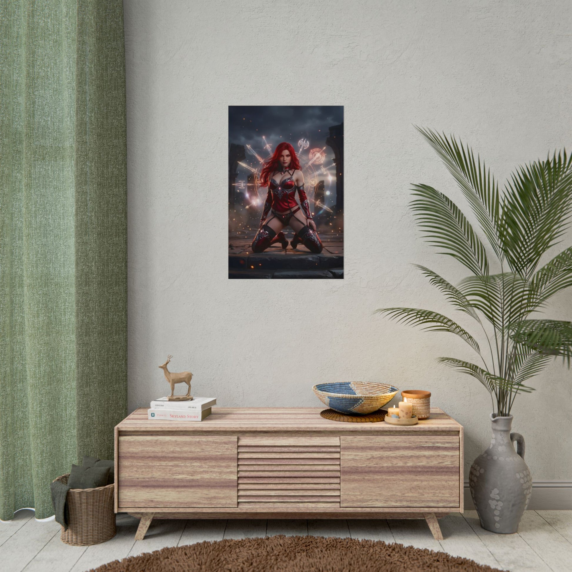 Erza Scarlet Poster / Erza Scarlet Wall Art / Erza Scarlet Art Print / Fairy Tail Poster - dramatic Erza Scarlet fantasy wall art with armor and arcane energy