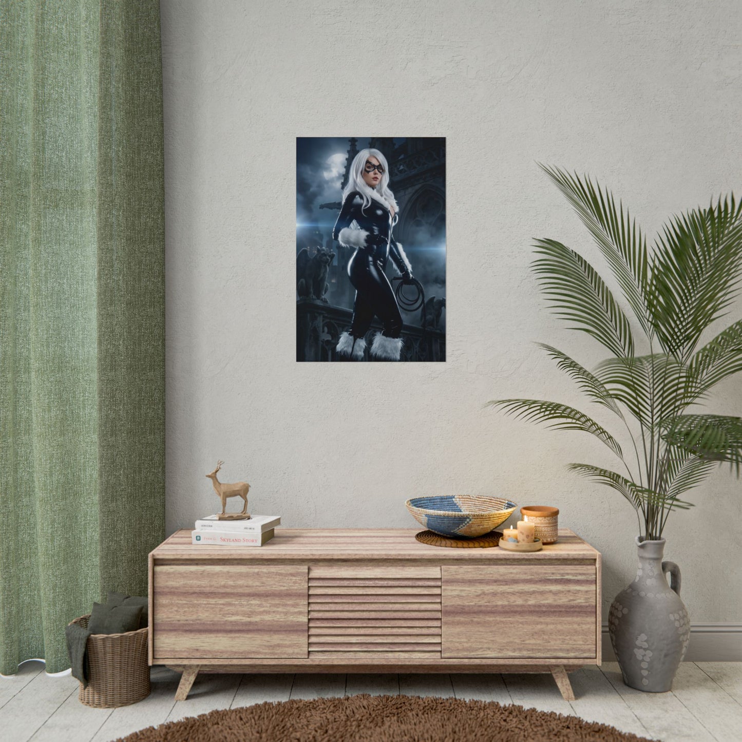 Black Cat Poster, Marvel Art Print – Classic Comic Book Wall Decor hanging above modern console in gaming or streaming room