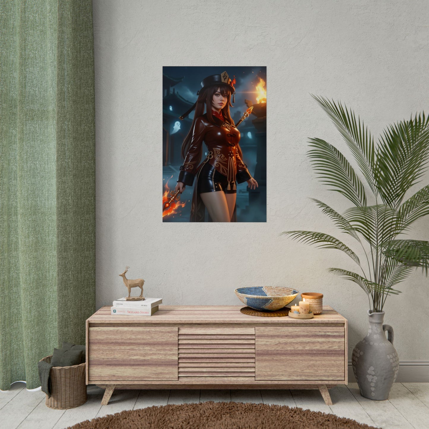 Hu Tao Poster, Genshin Impact Art Print – Iconic Pyro Heroine Wall Art displayed in gamer room decor above console