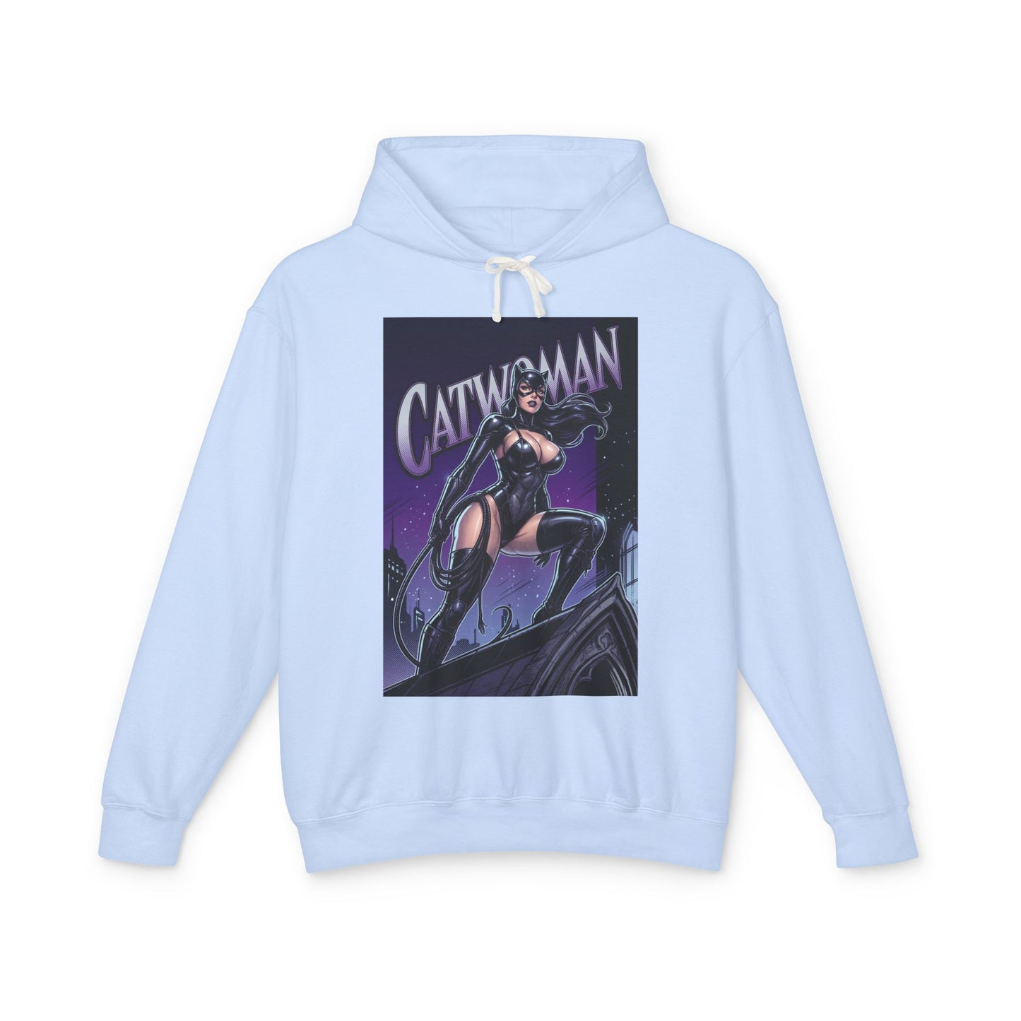 Catwoman Hoodie | DC Anti-Hero Hoodie | Gotham Thief Pullover front view light blue pullover with illustrated Catwoman graphic on rooftop at night