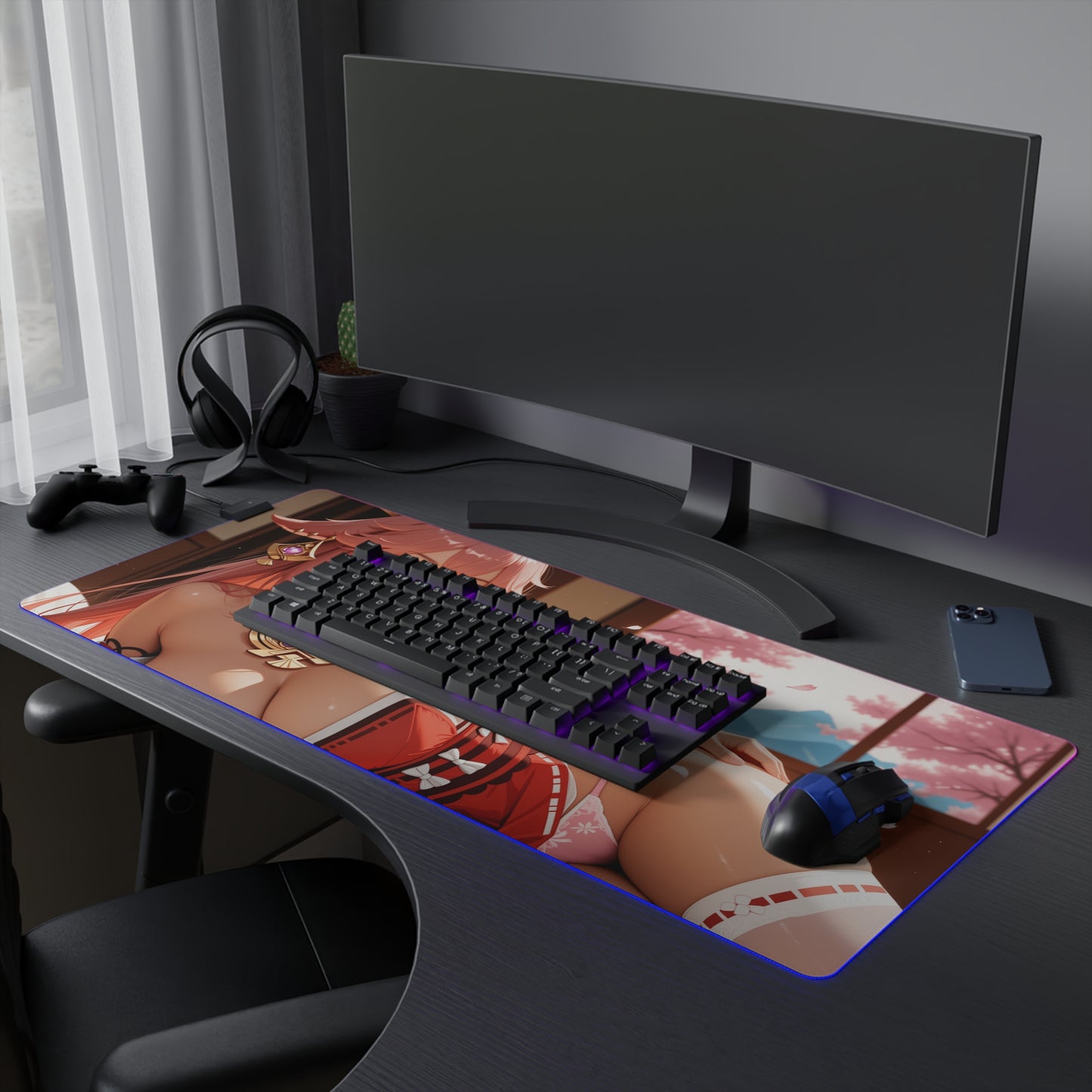 Килимок для столу Yae Miko – світлодіодний RGB-підсвітлювальний килимок, ігровий комплект із зображенням дівчини з аніме Waifu