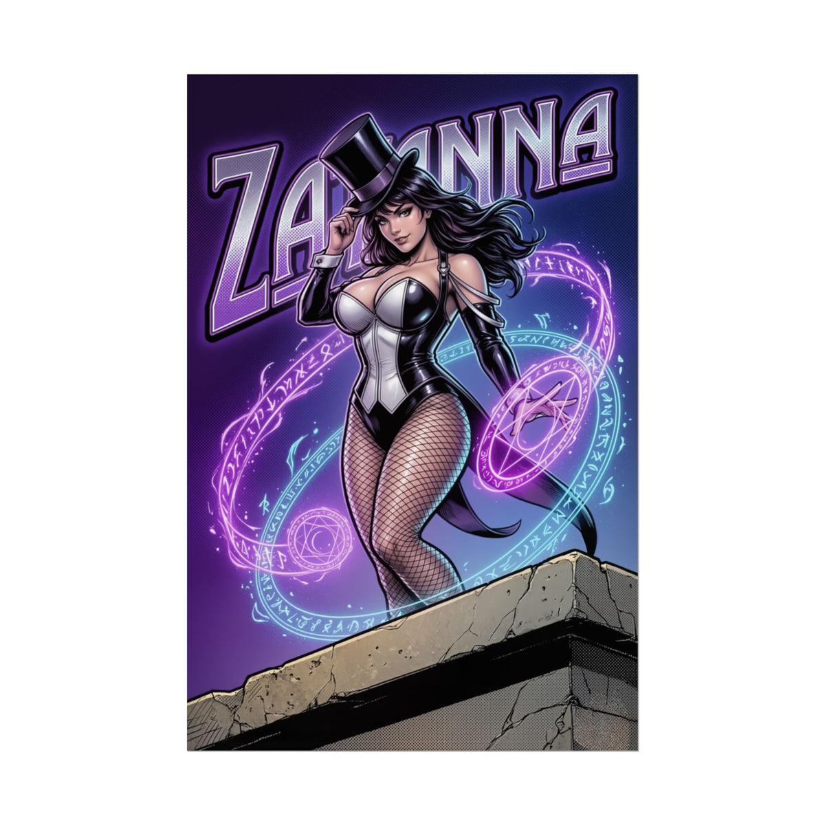 Zatanna Poster / Zatanna Wall Art / Zatanna Art Print / DC Comics Poster - Zatanna magician on rooftop with glowing purple magical sigils