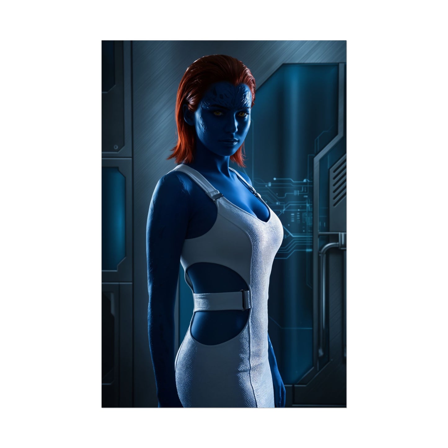 Mystique Poster, Marvel Art Print – Iconic Shapeshifter Heroine Wall Art featuring vivid blue Mystique character portrait on semi-gloss 260 g/m² paper